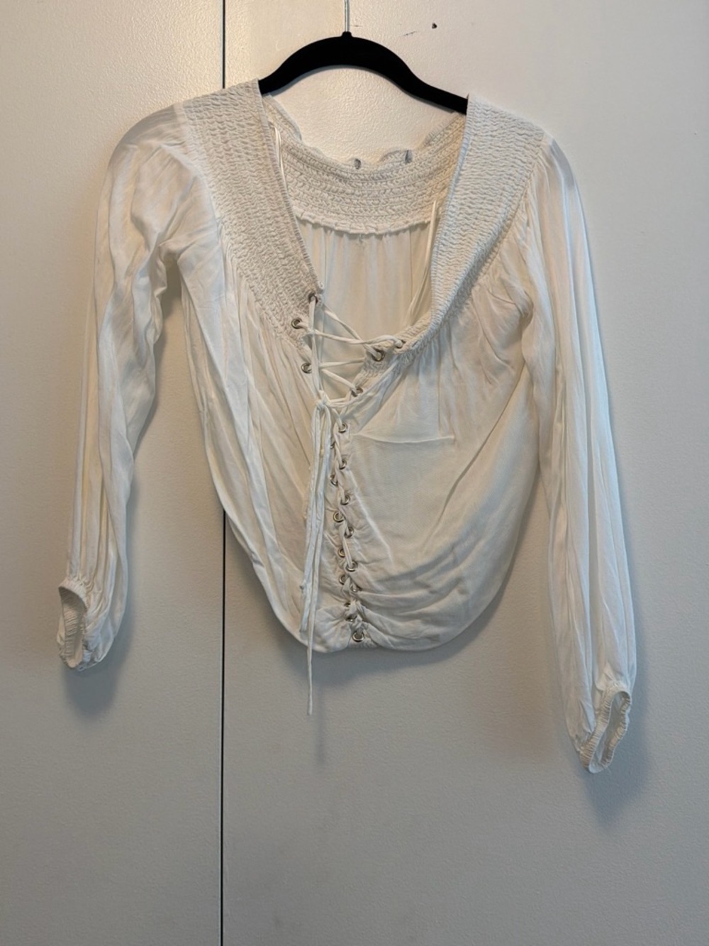 Women's White Lace-Up Smocked Blouse